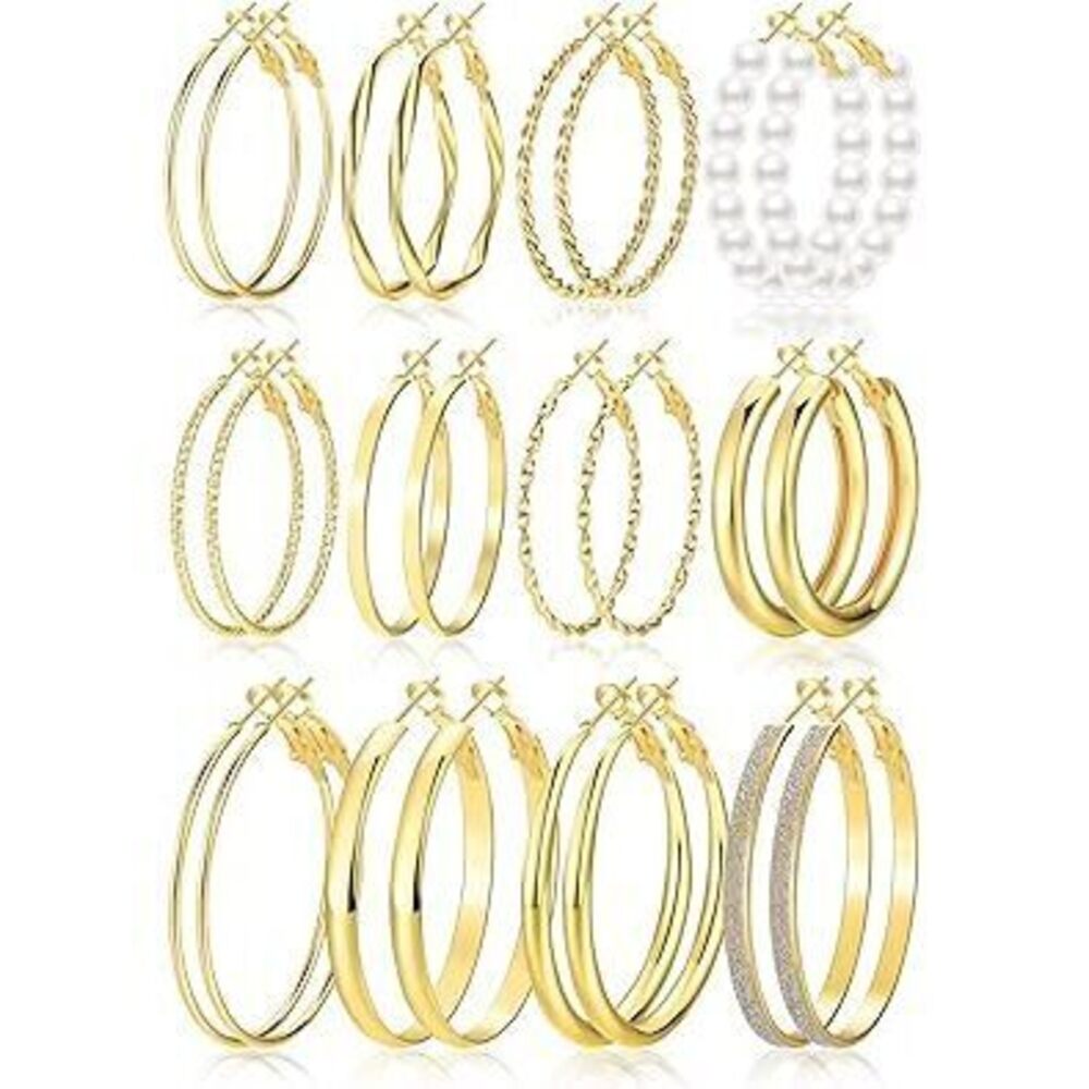 Gold Hoop Earrings Set For Women, 12 Pairs Hypoallergenic Large/Big Thin Thick